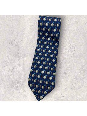 TRUSSARDI Silk Tie ITALY Navy Blue Orange Golf Monogram Logo W:3.8" EUC